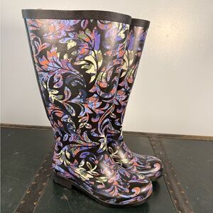 CHOOKA WOMEN'S WIDE CALF RAIN BOOTS SIZE 6 NAVY FLORAL